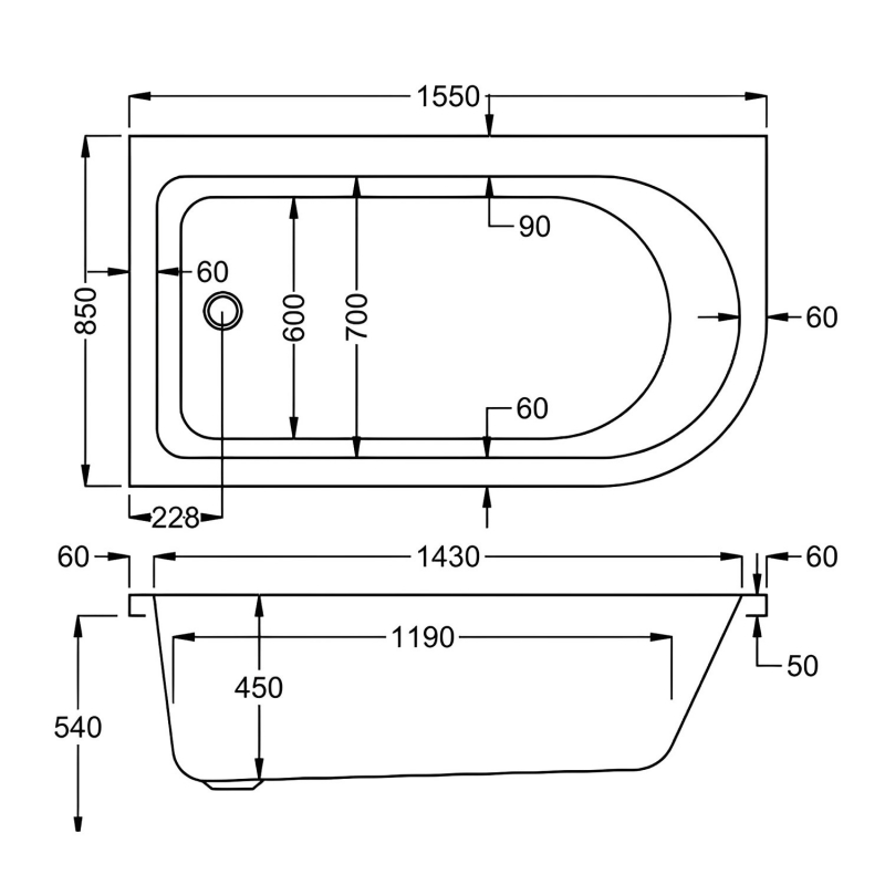 Carron Status Offset Corner Shower Bath 1550mm x 850mm Right Handed - 5mm Acrylic