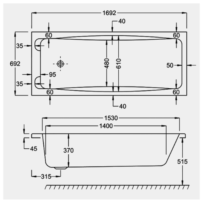 Carron Swallow Rectangular Bath with Twin Grips 1700mm x 700mm - Carronite  | Dimension Image