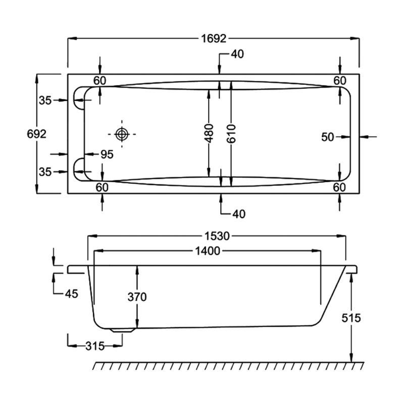 Carron Swallow Rectangular Bath with Twin Grips 1700mm x 700mm 8mm - Acrylic