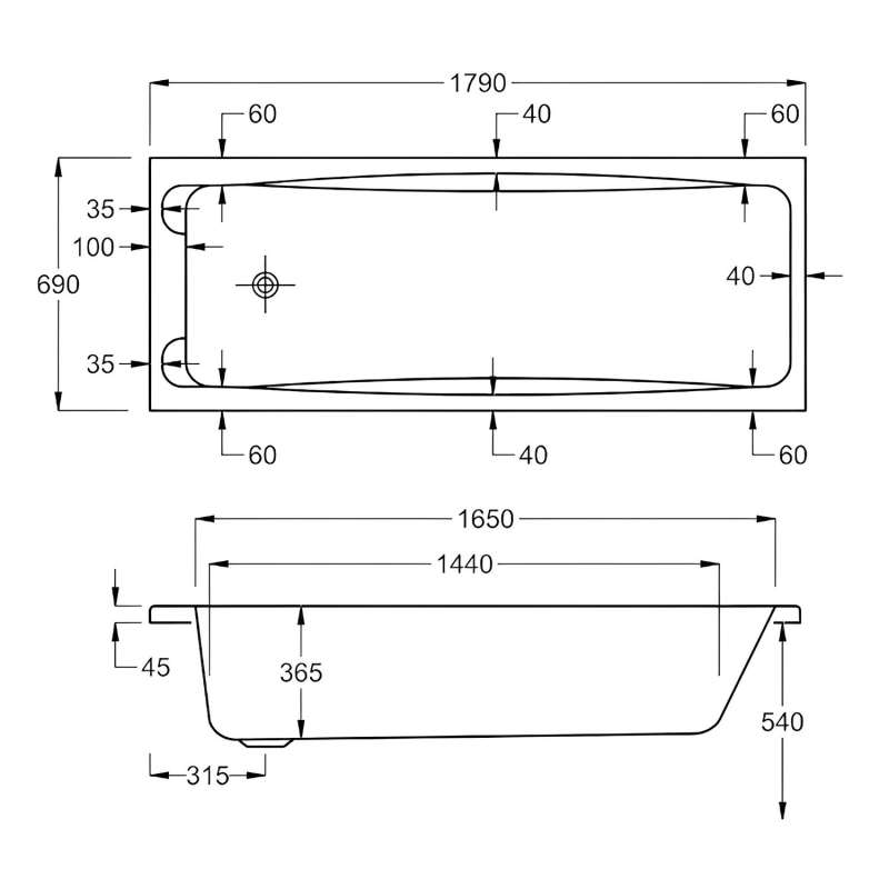 Carron Swallow Rectangular Bath with Twin Grips 1800mm x 700mm - 5mm Acrylic