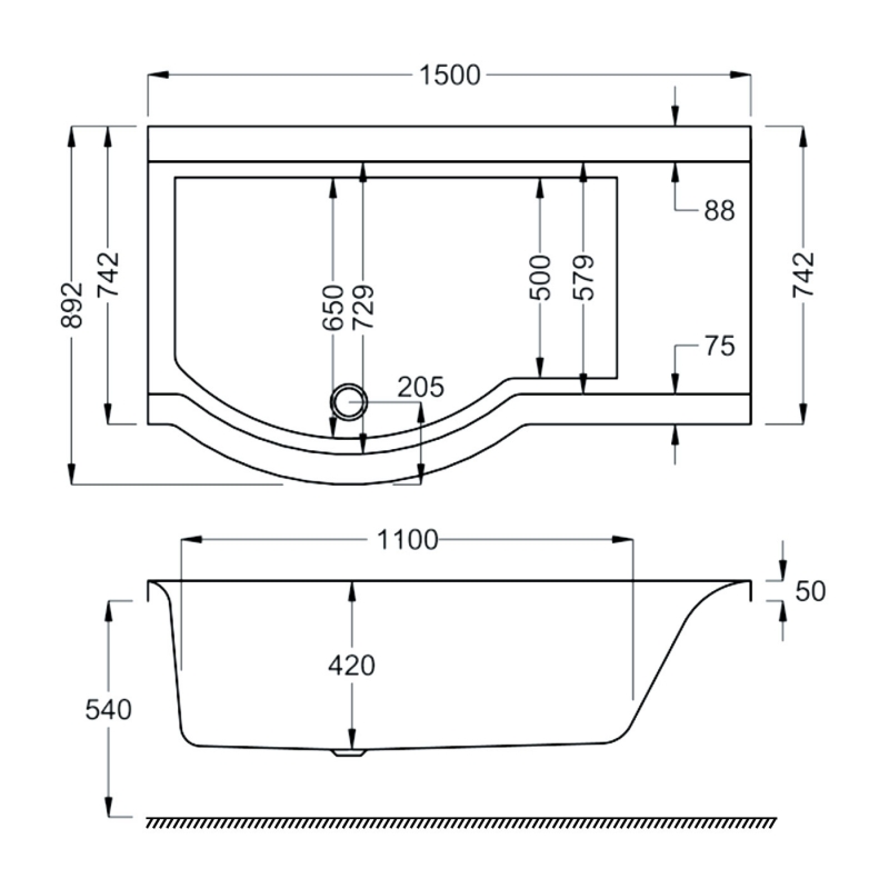 Carron Urban P-Shaped Shower Bath 1500mm x 750/900mm Left Handed - 5mm Acrylic