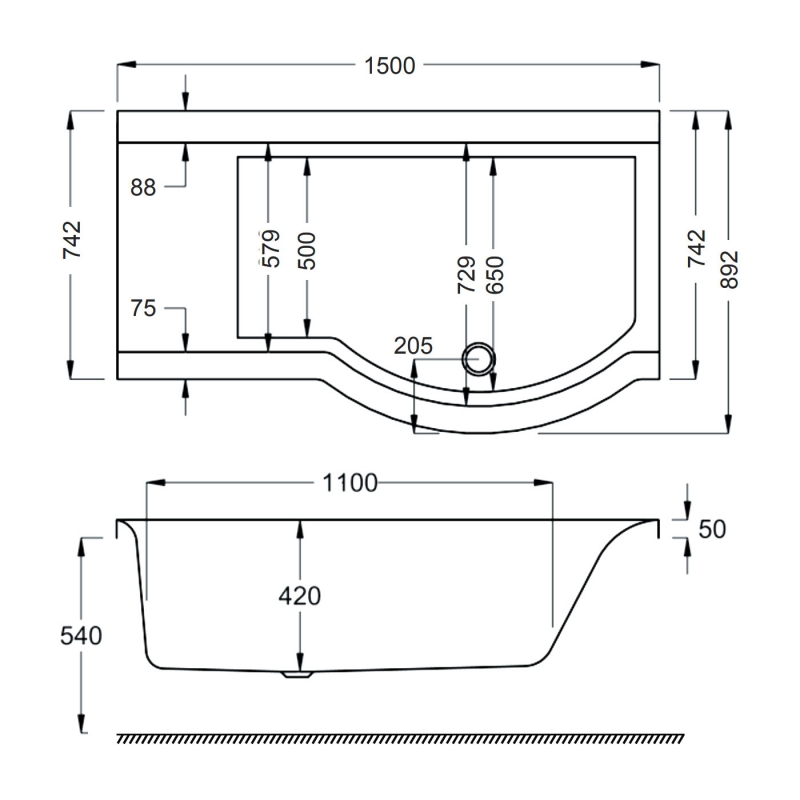 Carron Urban P-Shaped Shower Bath 1500mm x 750/900mm Right Handed - 5mm Acrylic