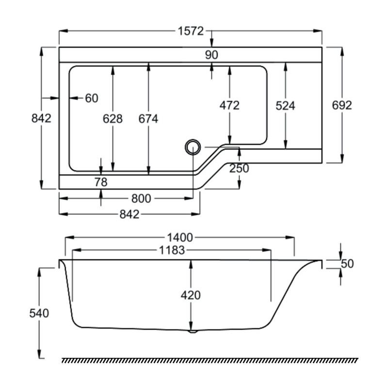 Carron Urban Edge L-Shaped Shower Bath 1575mm x 700mm/850mm Left Handed - Carronite