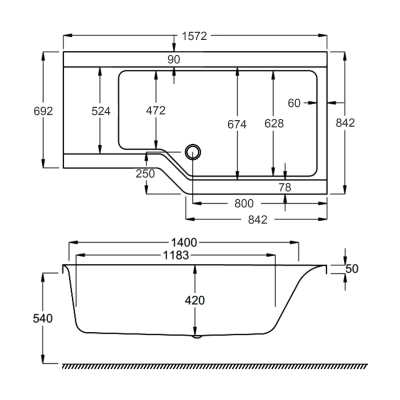Carron Urban Edge L-Shaped Shower Bath 1575mm x 700mm/850mm Right Handed - 5mm Acrylic