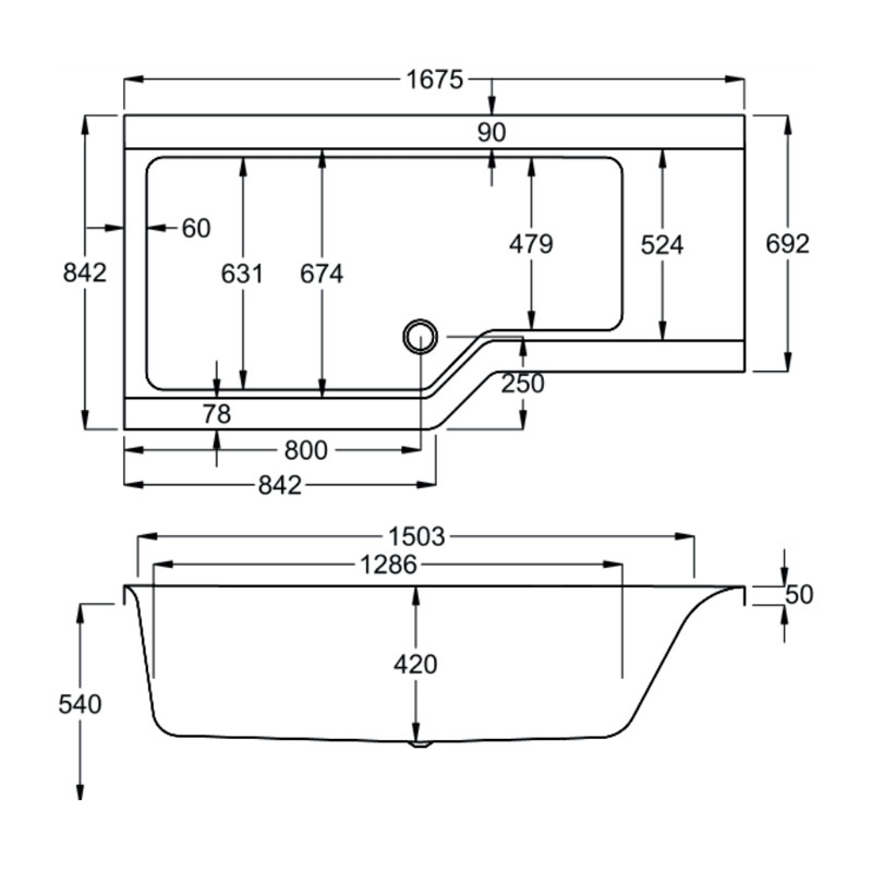 Carron Urban Edge L-Shaped Shower Bath 1675mm x 700mm/850mm Left Handed - 5mm Acrylic