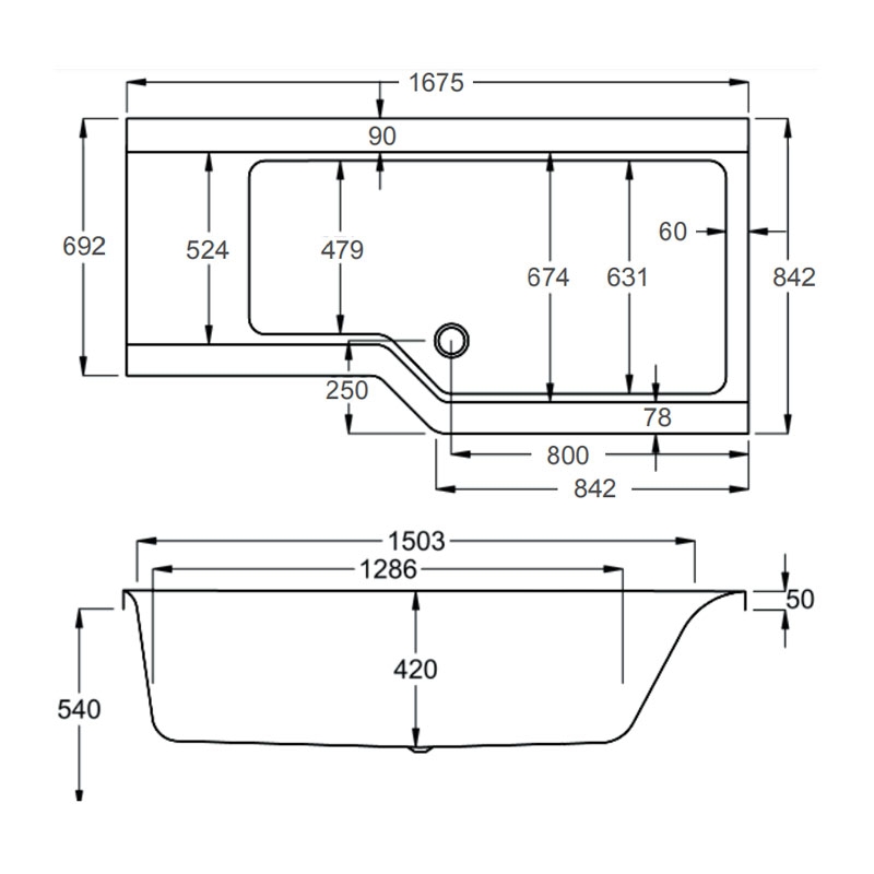 Carron Urban Edge L-Shaped Shower Bath 1675mm x 700mm/850mm Right Handed - 5mm Acrylic