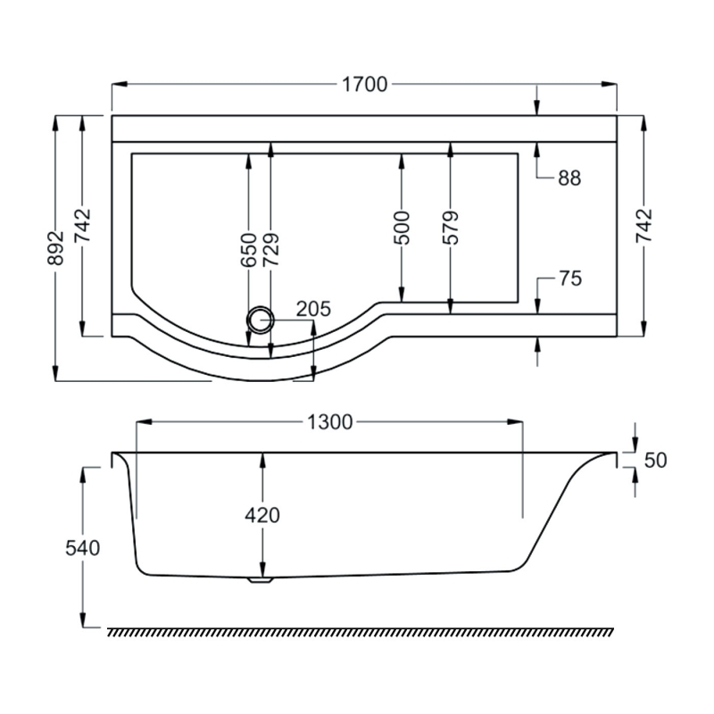 Carron Urban P-Shaped Shower Bath 1700mm x 750/900mm Left Handed - 5mm Acrylic