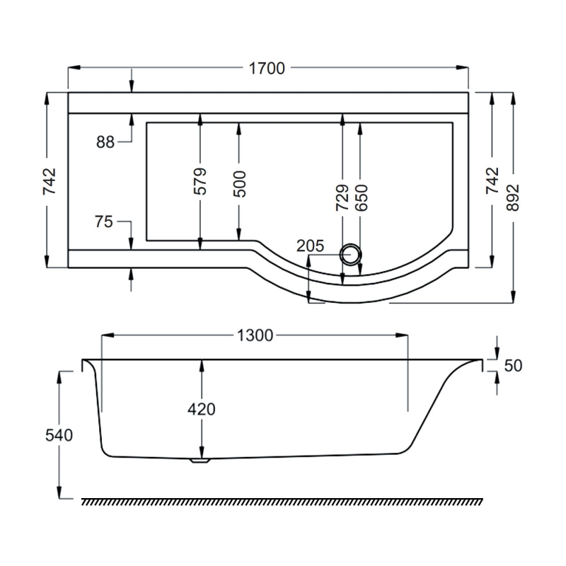 Carron Urban P-Shaped Shower Bath 1700mm x 750/900mm Right Handed - 5mm Acrylic