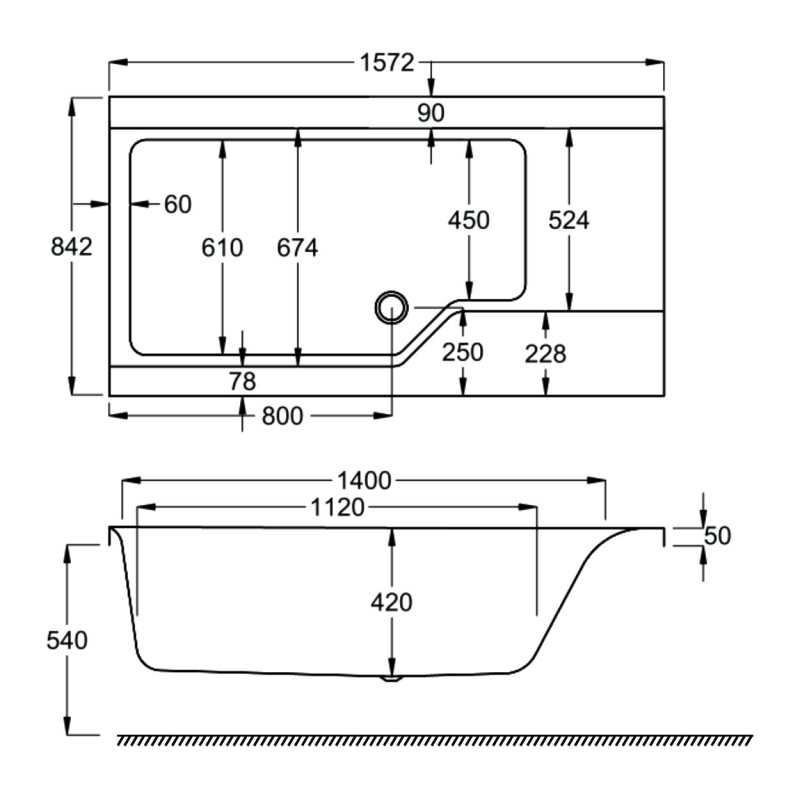 Carron Urban Swing Single Ended Shower Bath 1575mm x 850mm Left Handed - Carronite