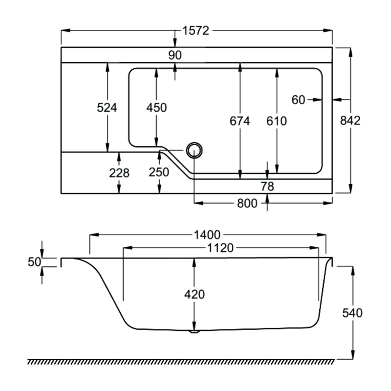Carron Urban Swing Single Ended Shower Bath 1575mm x 850mm Right Handed - Carronite