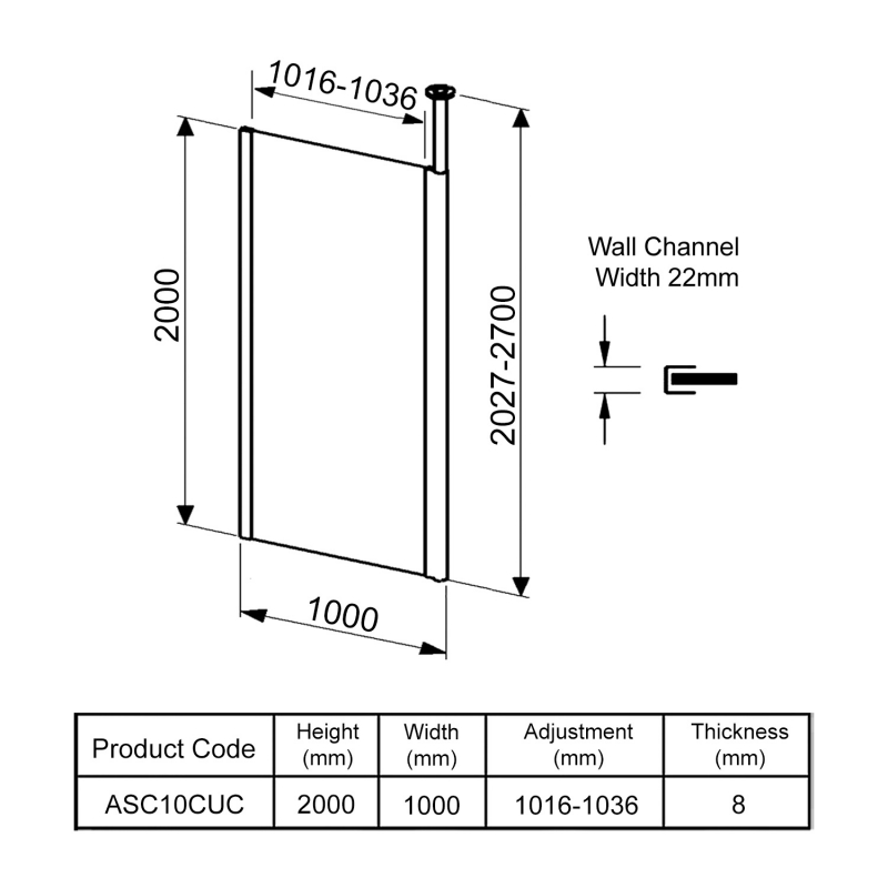 Coram Column Wet Room Glass Panel 1000mm Wide - 8mm Glass  | Dimension Image