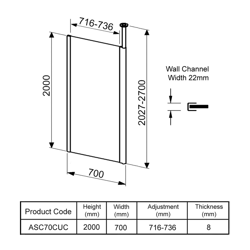 Coram Column Wet Room Glass Panel 700mm Wide - 8mm Glass  | Dimension Image
