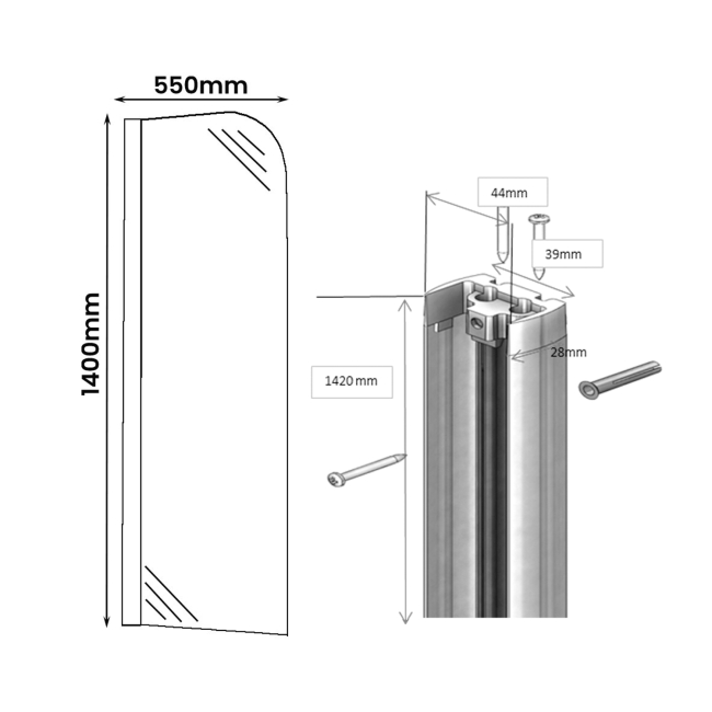 Coram Frameless Compact Curved Bath Screen 550mm Black with Plain Glass  | Dimension Image