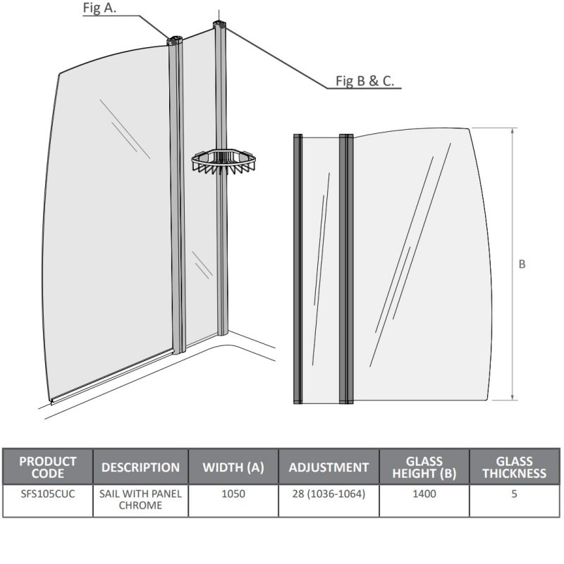 Coram Frameless Sail Bath Screen 1400mm H x 1050mm W - 5mm Glass