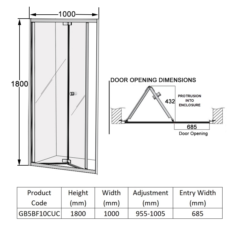 Coram GB 5 Chrome Bi-Fold Shower Door 1000mm Wide - 5mm Glass  | Dimension Image