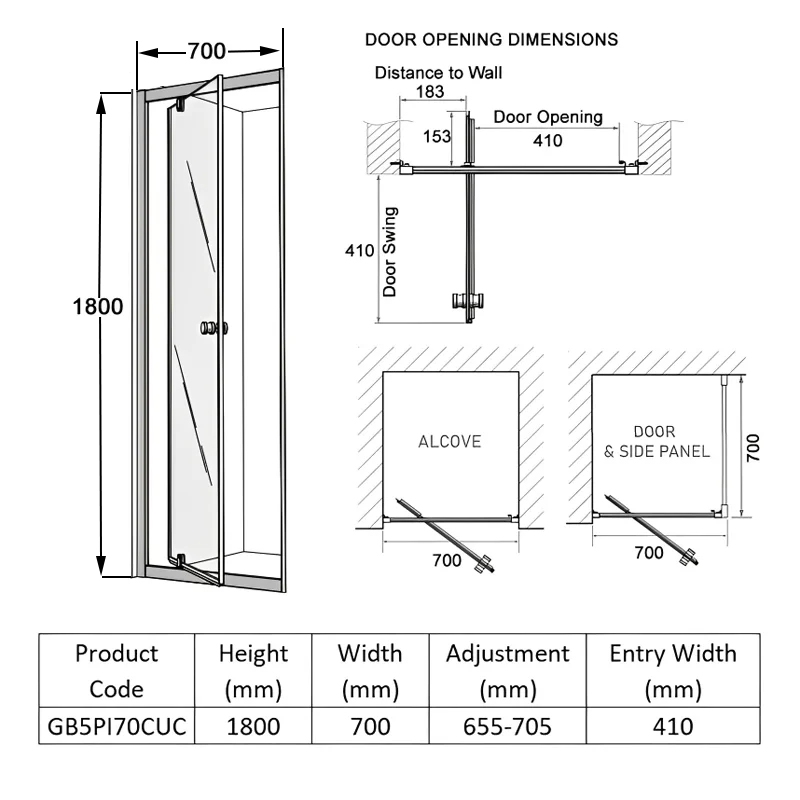 Coram GB 5 Chrome Pivot Shower Door 700mm Wide - 5mm Glass  | Dimension Image
