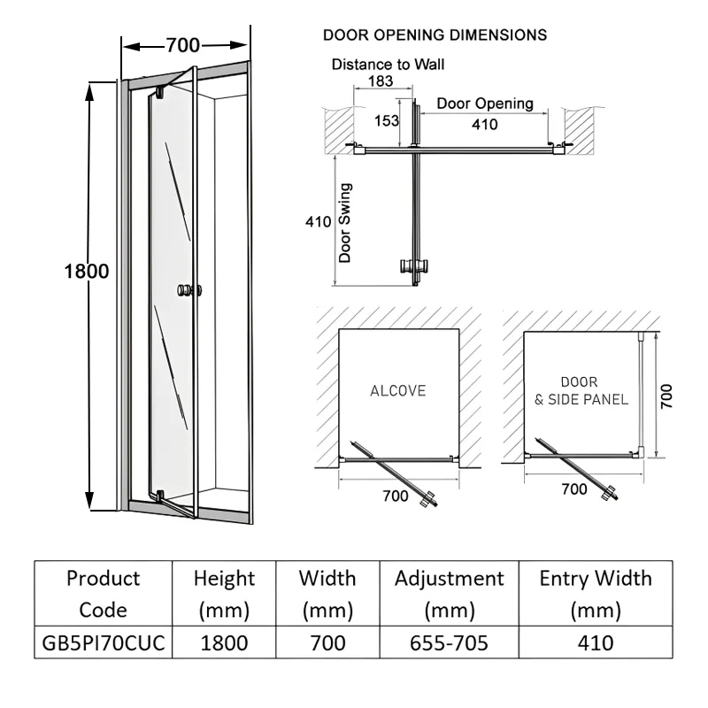 Coram GB 5 Chrome Pivot Shower Door 700mm Wide - 5mm Glass