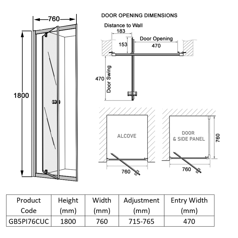 Coram GB 5 Chrome Pivot Shower Door 760mm Wide - 5mm Glass