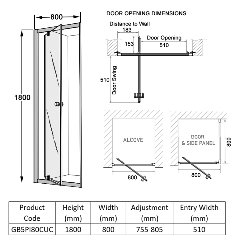 Coram GB 5 Chrome Pivot Shower Door 800mm Wide - 5mm Glass  | Dimension Image