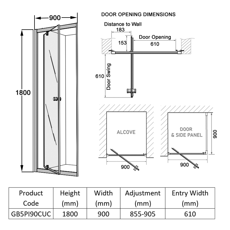 Coram GB 5 Chrome Pivot Shower Door 900mm Wide - 5mm Glass