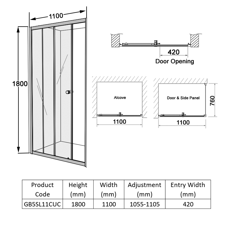 Coram GB 5 Chrome Sliding Shower Door 1100mm Wide - 5mm Glass  | Dimension Image