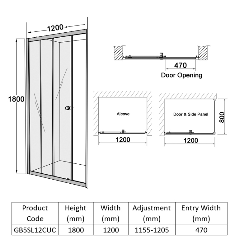 Coram GB 5 Chrome Sliding Shower Door 1200mm Wide - 5mm Glass