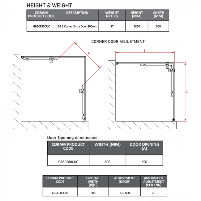 Coram GB 5 Chrome Corner Entry Shower Enclosure 800mm x 800mm - 5mm Glass  | Dimension Image