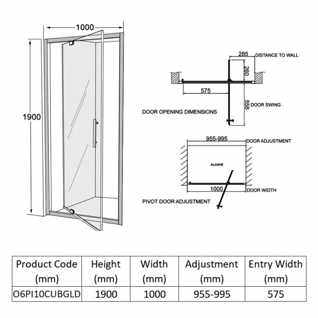 Coram Optima 6 Brushed Gold Pivot Shower Door 1000mm Wide - 6mm Plain Glass  | Dimension Image