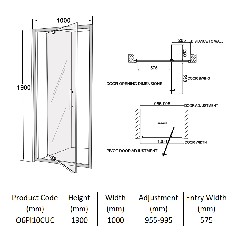 Coram Optima 6 Pivot Shower Door 1000mm Wide - 6mm Glass  | Dimension Image