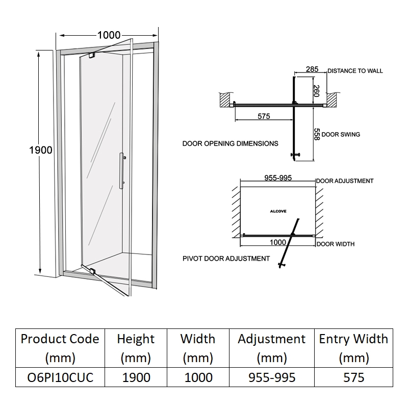 Coram Optima 6 Pivot Shower Door 1000mm Wide - 6mm Glass