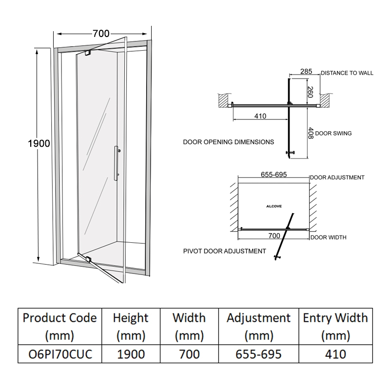 Coram Optima 6 Pivot Shower Door 700mm Wide - 6mm Glass