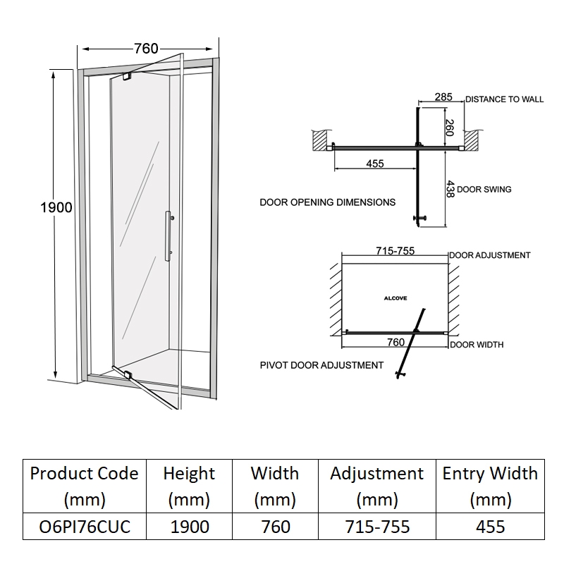 Coram Optima 6 Pivot Shower Door 760mm Wide - 6mm Glass