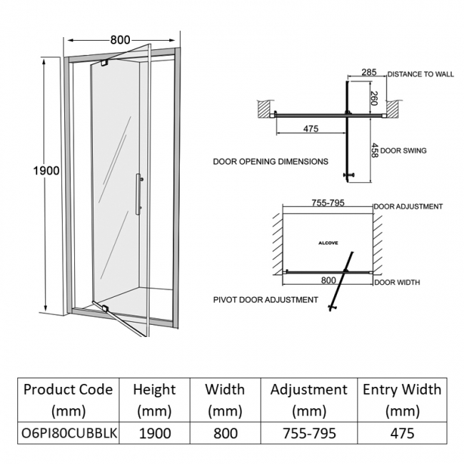 Coram Optima 6 Brushed Black Pivot Shower Door 800mm Wide - 6mm Plain Glass  | Dimension Image