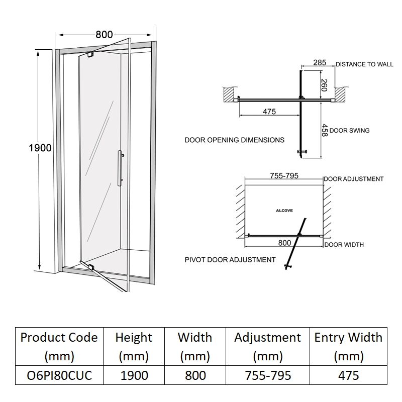 Coram Optima 6 Pivot Shower Door 800mm Wide - 6mm Glass