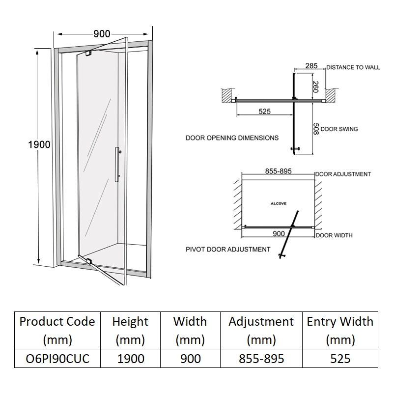 Coram Optima 6 Pivot Shower Door 900mm Wide - 6mm Glass  | Dimension Image