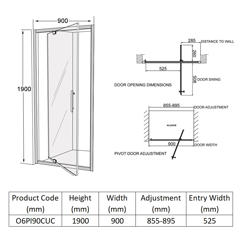Coram Optima 6 Pivot Shower Door 900mm Wide - 6mm Glass