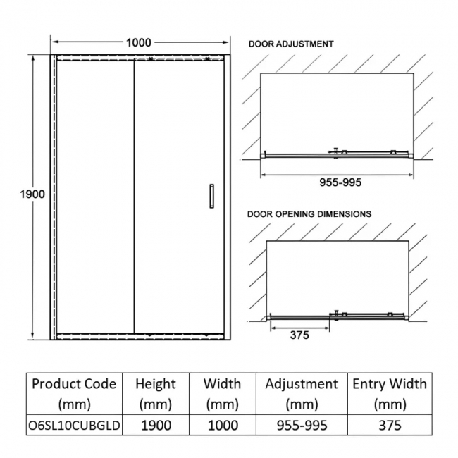 Coram Optima 6 Brushed Gold Sliding Shower Door 1000mm Wide - 6mm Plain Glass  | Dimension Image