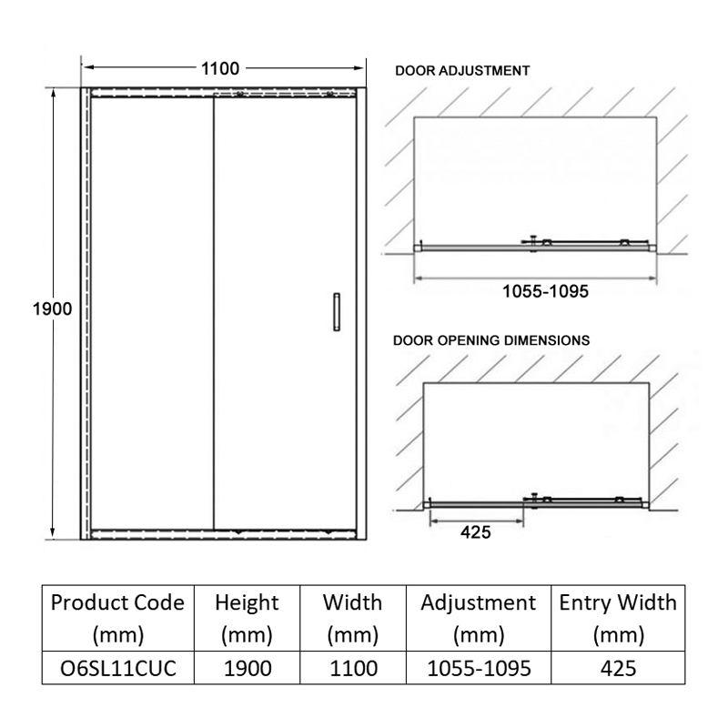 Coram Optima 6 Sliding Shower Door 1100mm Wide - 6mm Glass  | Dimension Image