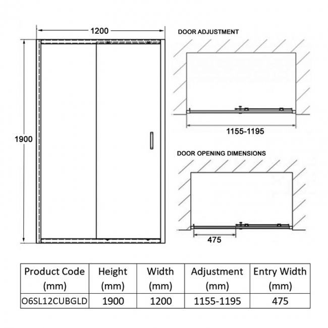 Coram Optima 6 Brushed Gold Sliding Shower Door 1200mm Wide - 6mm Plain Glass  | Dimension Image