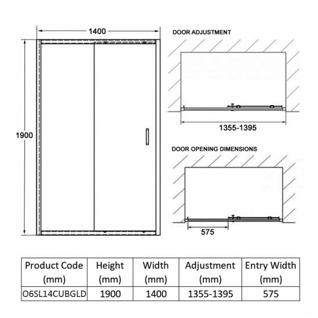 Coram Optima 6 Brushed Gold Sliding Shower Door 1400mm Wide - 6mm Plain Glass  | Dimension Image