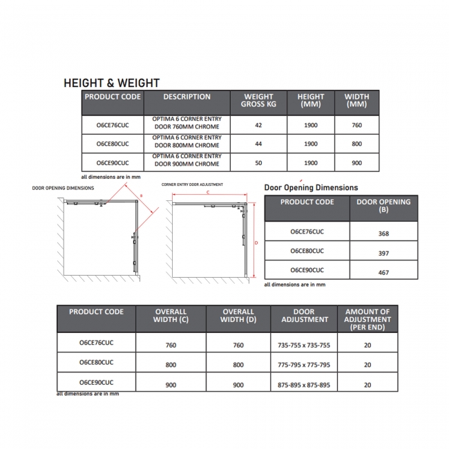 Coram Optima 6 Corner Entry Shower Enclosure 760mm x 760mm - 6mm Glass  | Dimension Image