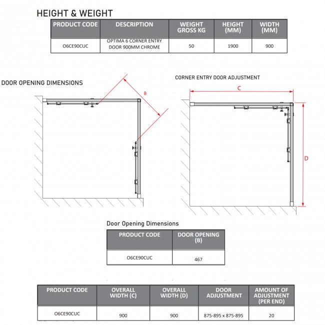 Coram Optima 6 Corner Entry Shower Enclosure 900mm x 900mm - 6mm Glass  | Dimension Image