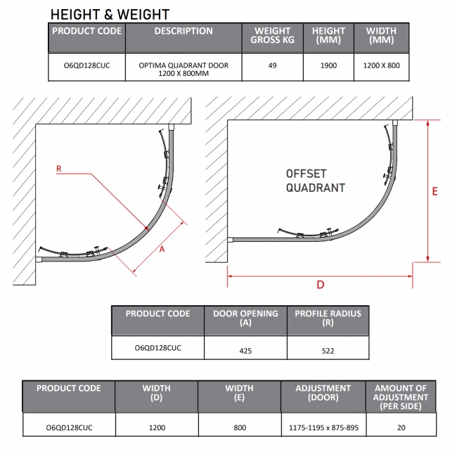 Coram Optima 6 Offset Quadrant Shower Enclosure 1200mm x 800mm - 6mm Glass  | Dimension Image