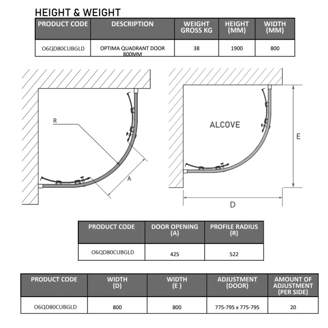 Coram Optima 6 Brushed Gold Frame Quadrant Shower Enclosure 800mm x 800mm - 6mm Plain Glass  | Dimension Image