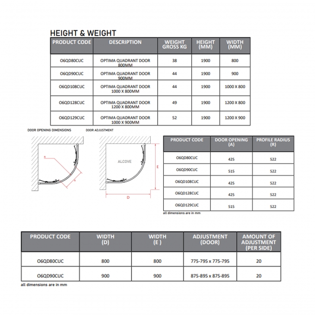 Coram Optima 6 Quadrant Shower Enclosure 900mm x 900mm - 6mm Glass  | Dimension Image
