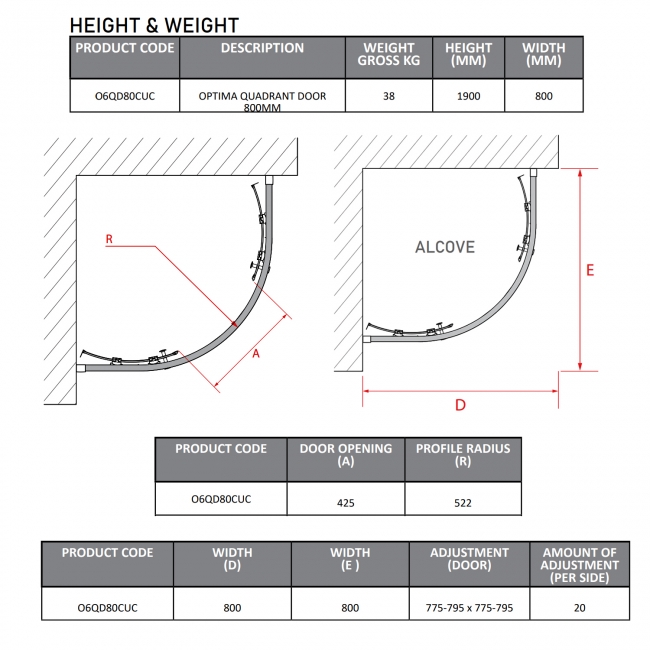 Coram Optima 6 Quadrant Shower Enclosure 800mm x 800mm - 6mm Glass  | Dimension Image