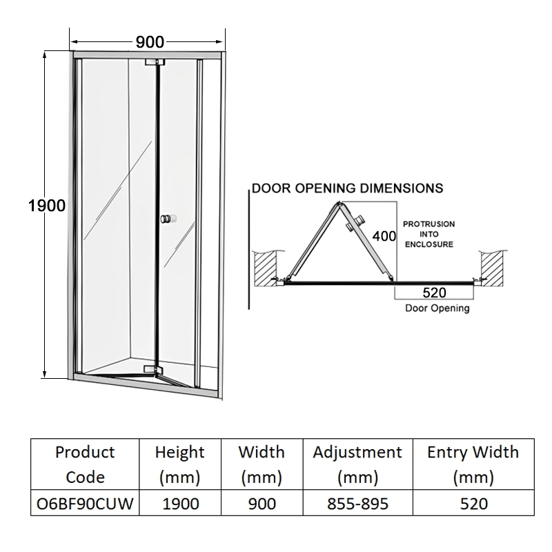Coram Optima 6 White Bi-Fold Shower Door 900mm Wide - 6mm Glass  | Dimension Image