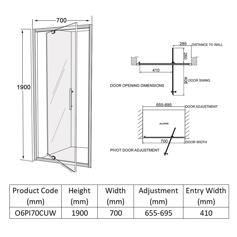 Coram Optima 6 White Pivot Shower Door 700mm Wide - 6mm Glass
