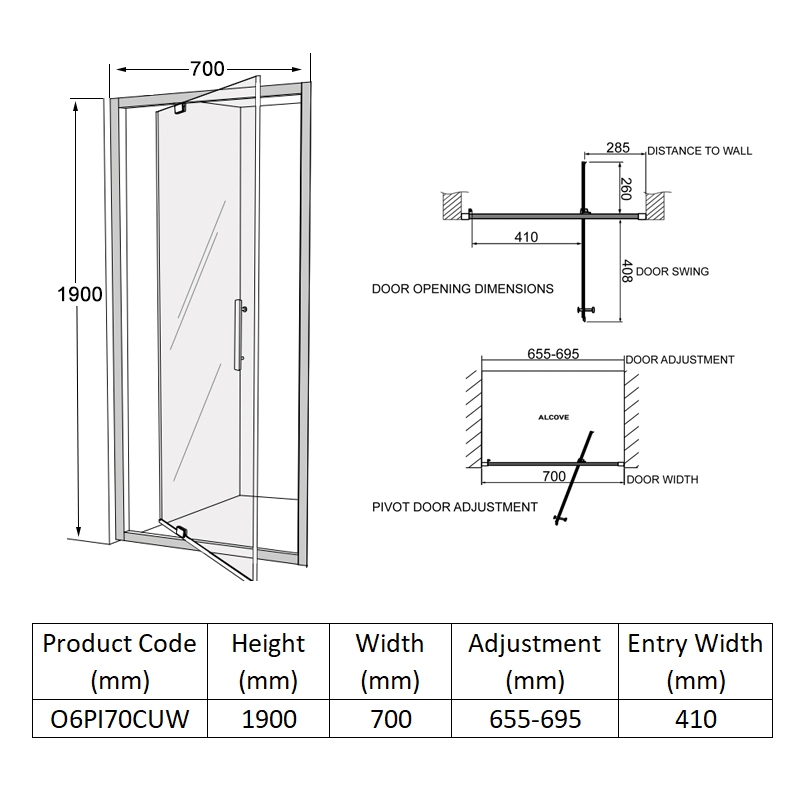 Coram Optima 6 White Pivot Shower Door 700mm Wide - 6mm Glass  | Dimension Image