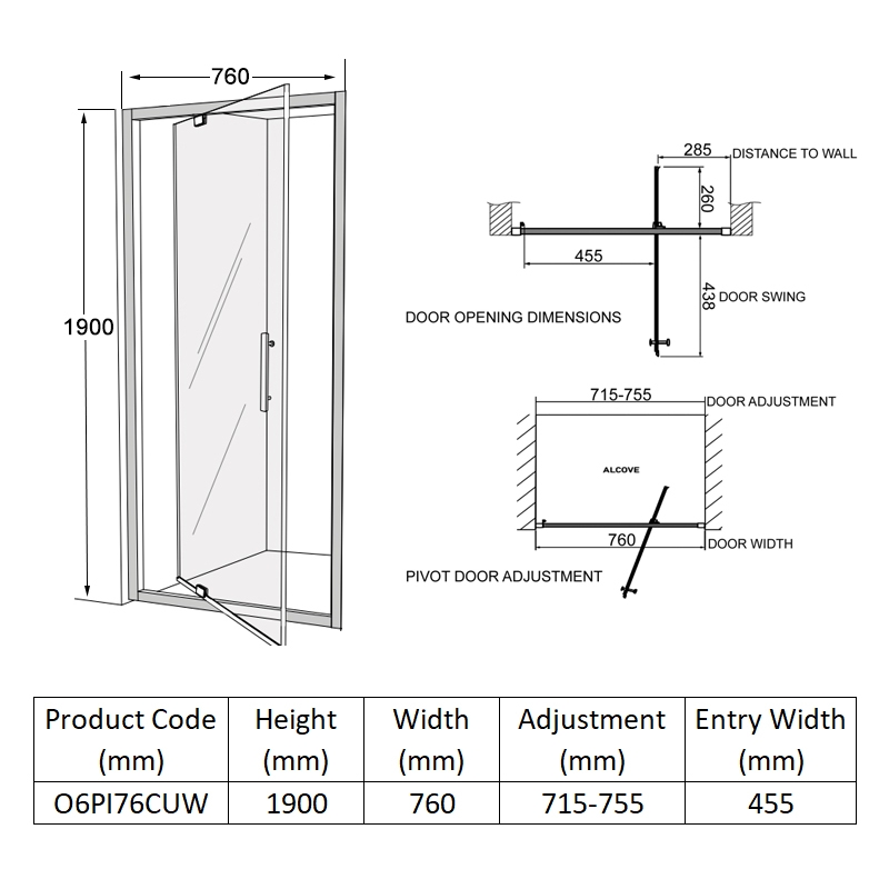 Coram Optima 6 White Pivot Shower Door 760mm Wide - 6mm Glass